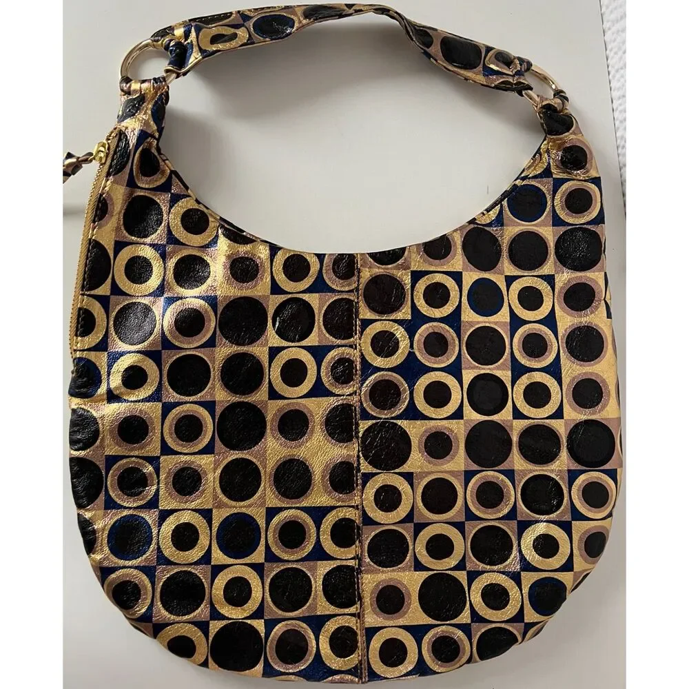 Vintage Hobo Gabor blue, black and gold metallic hobo-style/slouchy shoulder bag